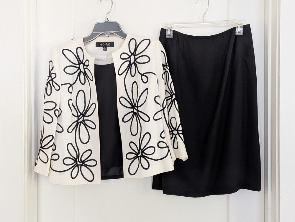 KASPER 3 Pc Skirt Set Sz 6 100% Silk Cream Black Floral Soutache Tank Old Money
